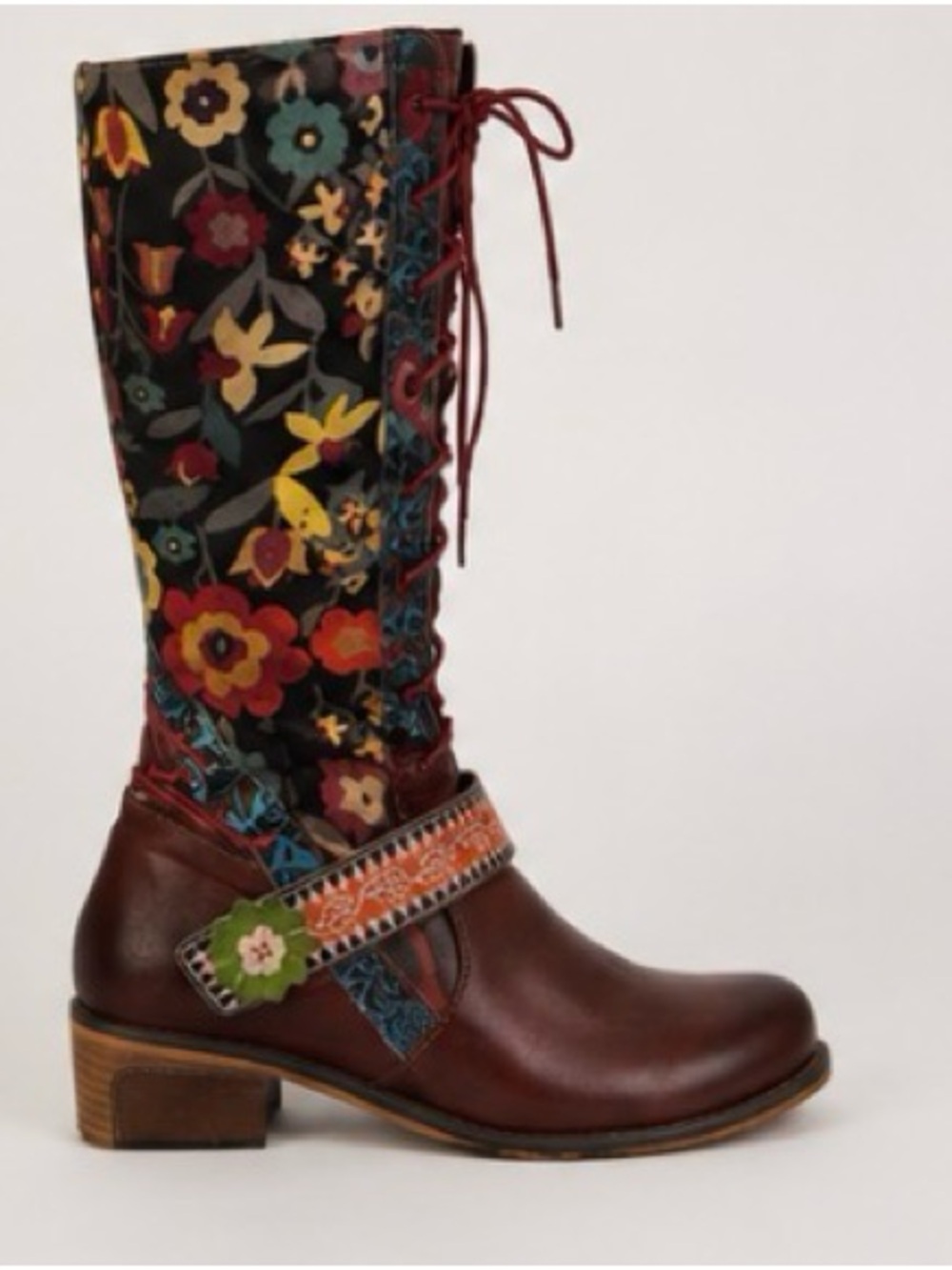 Spring Step Brown Leather Boots with Multicolor Floral Shaft - Picture 2 of 4